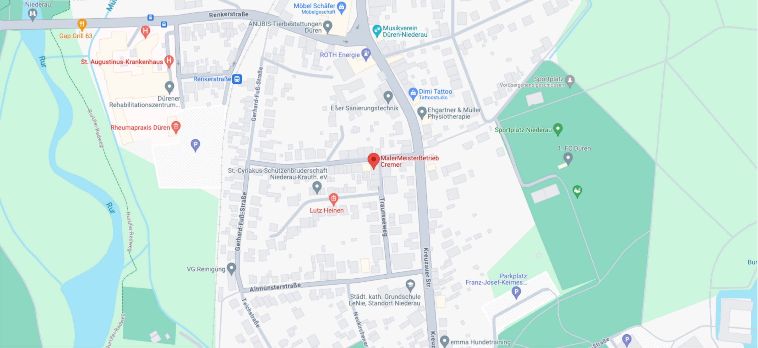 Kartenausschnitt Düren-Niederau mit Standort MalerMeisterBetrieb Cremer, Poststraße 9