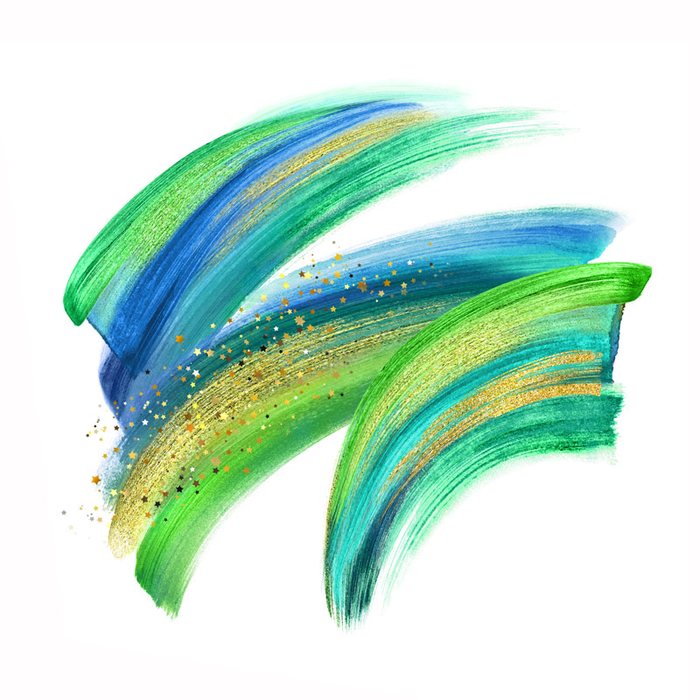 Farbige Pinselstriche in Blau, Grün und Gold